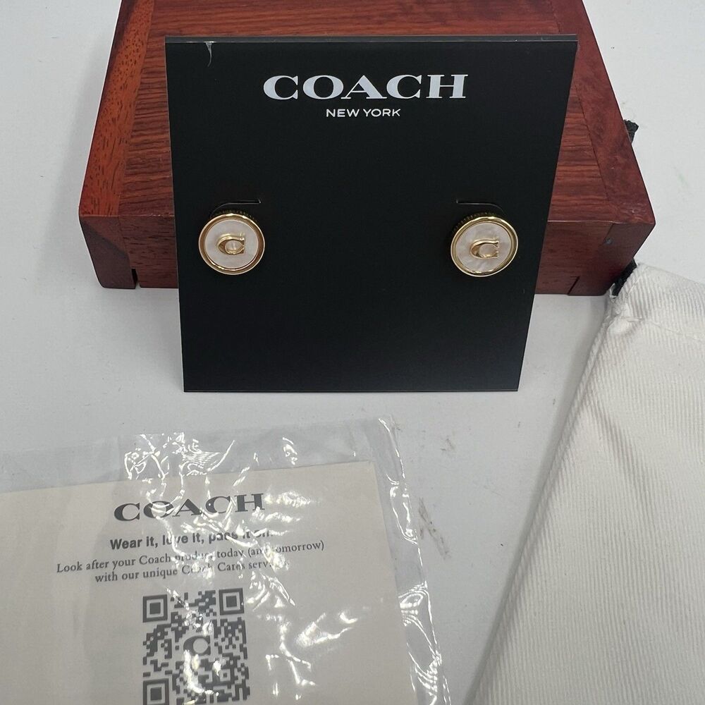 COACH STUD EARRINGS GOLD TONE Mother Of Pearl 0.4” NEW YORK SIGNATURE LOGO GIFT - Picture 7 of 14